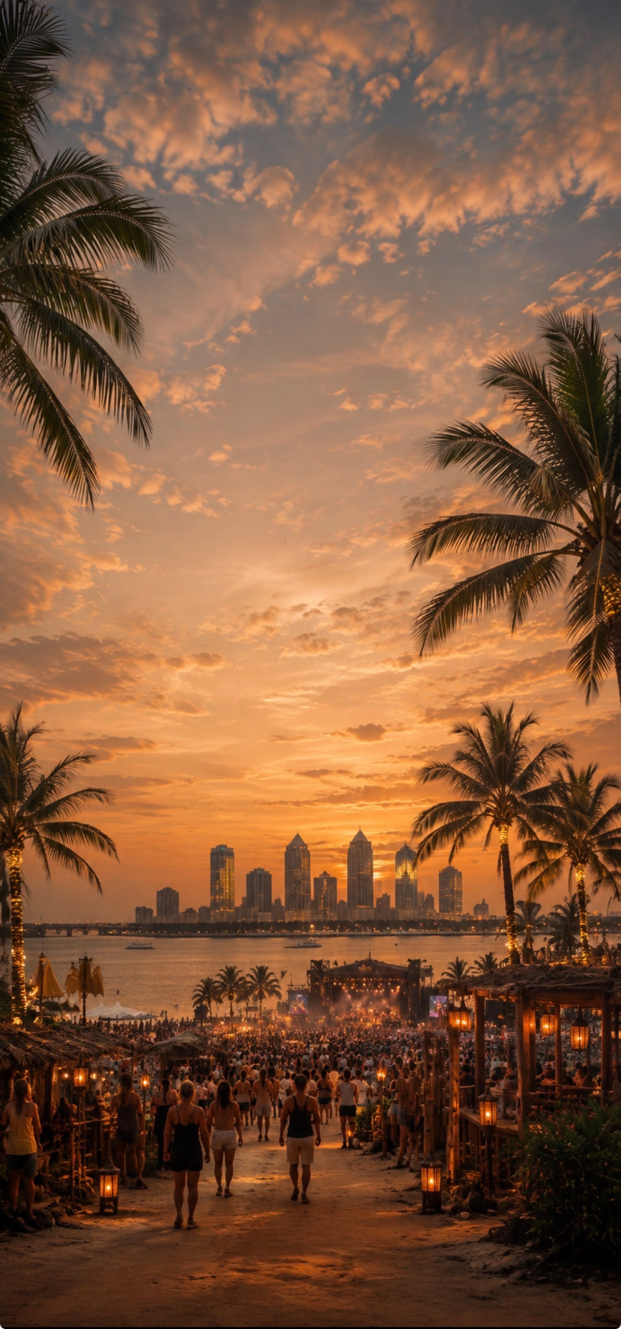 Tampa Bay festival shoreline at sunset with palm trees and a live crowd